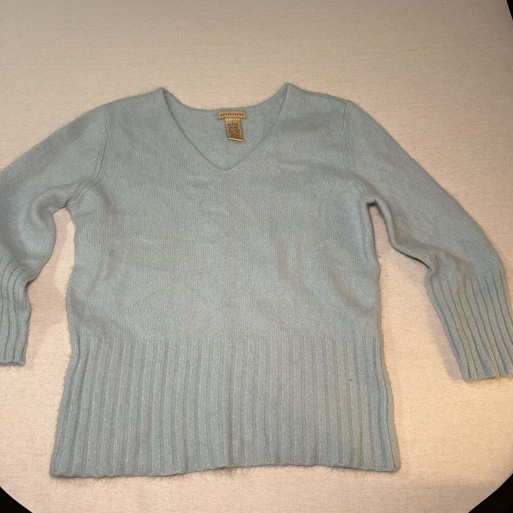 VTG Apostrophe angora sweater sz L petite soft, light blue fuzzy texture